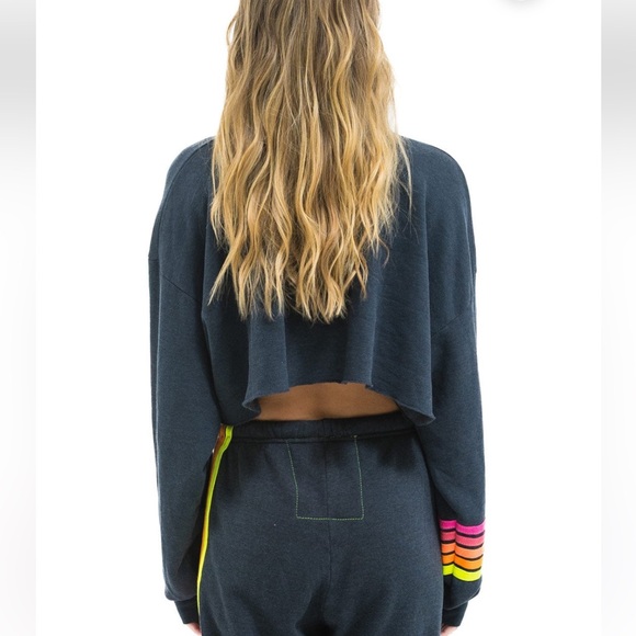 AVIATOR NATION UNISEX RUGBY STITCH CROPPED CREW SWEATSHIRT RELAXED CHARCOAL NEON - Picture 2 of 10